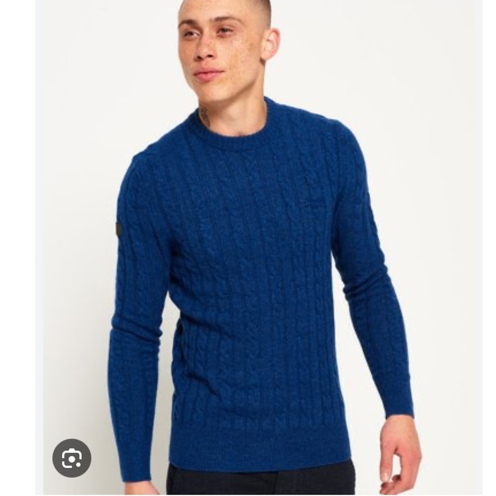 Superdry‎ Harlo Cable Knit Crew Neck Blue Lambswool Pullover Sweater Mens Large
